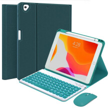 Toetsenbordhoes met achtergrondverlichting, compatibel met iPad 9e/8e/7e generatie (10,2 inch). Magnetisch afneembaar toetsenbord en muis, penhouder