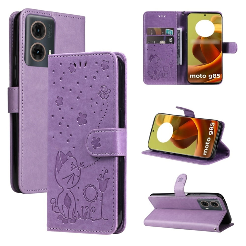 Pu Leather Flip Wallet Case With Magnetic Closure & Card Slots For Motorola Moto G85 6.67", Cat&Bee Pattern Purple 9175034779077