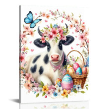 Charming Easter Cow Eggs Print Wall Art – Lovely Cow Poster on Wrapped Canvas for Bedroom, Living Room, Bathroom, Office – Easter Gift