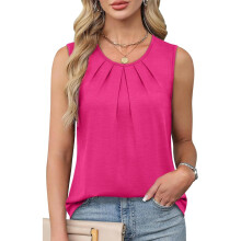 Dammode Sommar Enfärgad Rund Hals Plisserad Mångsidig Avslappnad Ärmlös Väst Fuchsia M