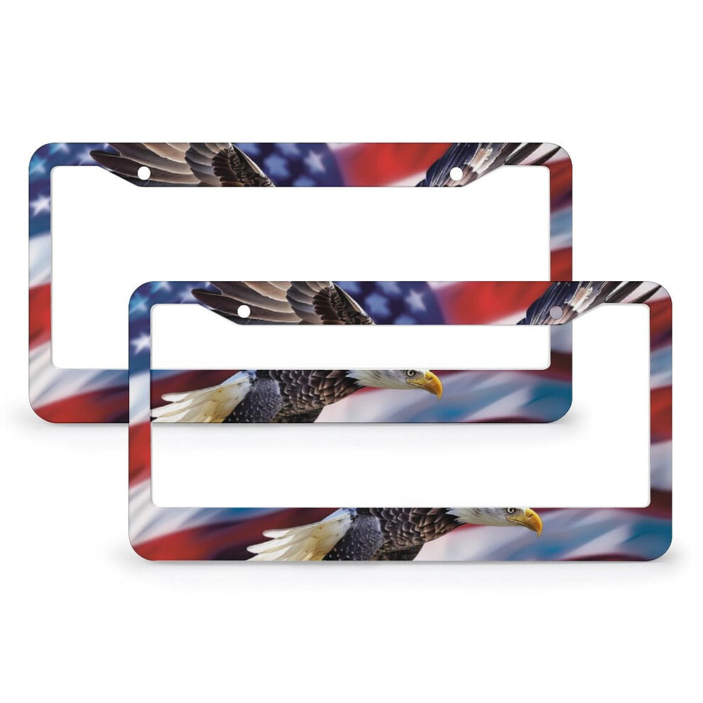 Bald Eagle & American Flag License Plate Frames (2 Pcs), Compatible With Us And Ca, Stainless Aluminum 9551475411064