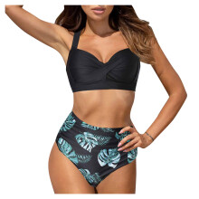 Vintage dameszwempak, tweedelig, retro halterbikini met ruches en hoge taille, print, maat S-2XL