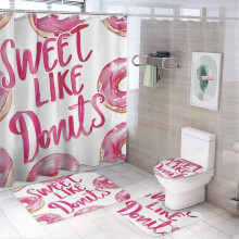Juego de cortina de ducha con diseño de donas en acuarela rosa (4 piezas) con alfombra antideslizante, funda para tapa de inodoro y tapete de baño