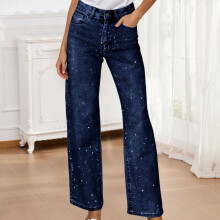 Pantaloni in denim da donna a vita alta e gamba larga con strass, blu scuro, con tasche – Adatti all'uso quotidiano