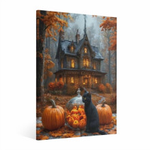 Ealaín Balla Canbháis Seanré Oíche Shamhna le Cat Dubh & Pumpkin, Póstaer Uafáis Gotach, Maisiúchán Scanrúil don Seomra Maireachtála, don