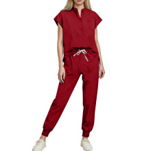 Women's Jogger Scrubs Top V-Neck Short Sleeve Red 2X
