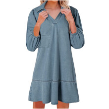 Denimklänning för kvinnor Sommar Casual Babydoll2026V-ringning3/4Puffärm Jeansklänningar