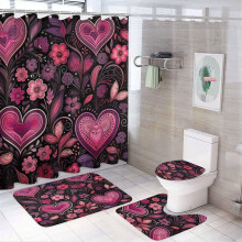 Red Pink Heart Shower Curtain Set with Rugs (4-Pc), Waterproof, Durable, Valentine's Day Bathroom Decor, Compatible with Standard Bathtub