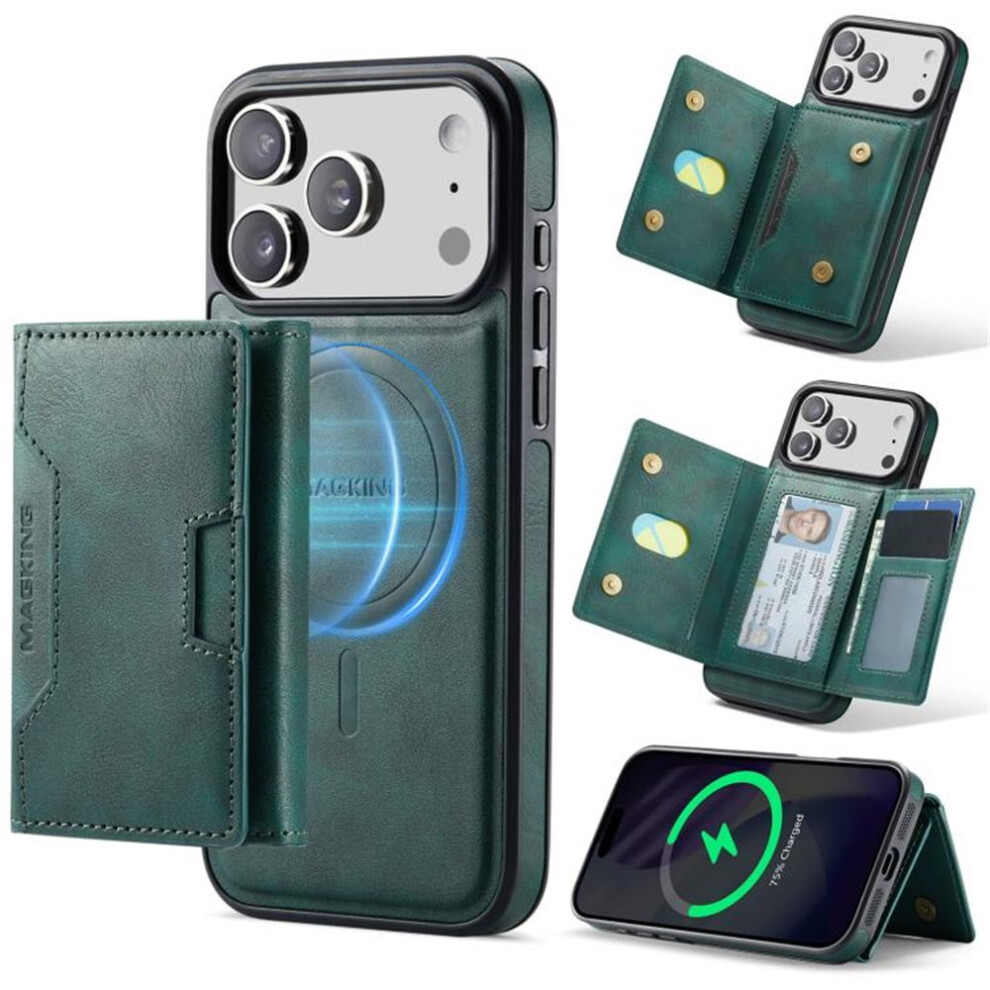 Rfid Blocking Leather Case For Iphone 17 Pro Max 6.9" Â Magsafe, 7-Card Slots, Kickstand, Flip & Shockproof, Green 9175034882067