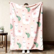 Cozy Pink Alpaca & Cactus Flannel Throw Blanket | Soft Polyester for Bed, Sofa, Office Nap, Travel & Home Decor | All-Season Lightweight Throw