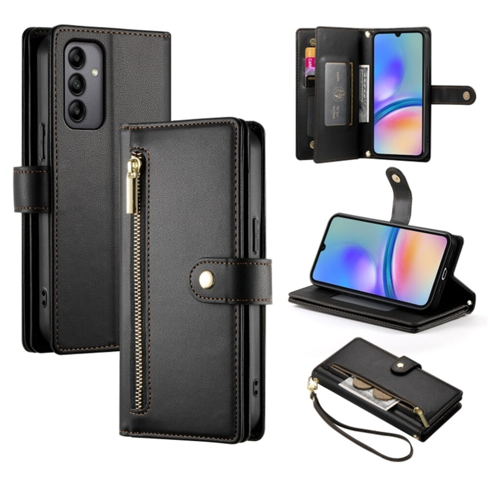 Wallet Case For Samsung Galaxy A05s 6.7" Â Multi-Card Slots, Zipper Pocket, Lanyard Strap, Leather, Compatible With Samsung Galaxy A05s Black 9175034883651