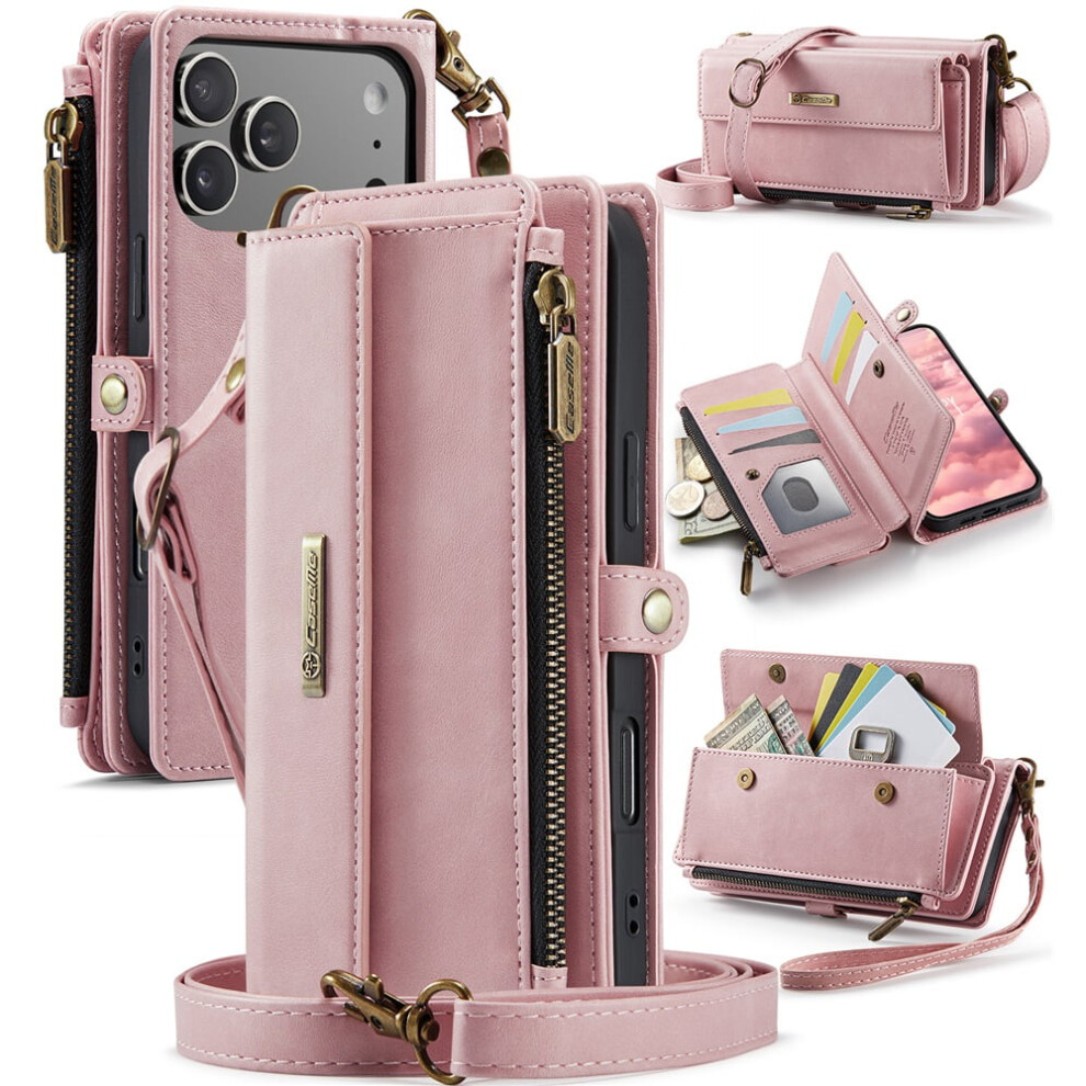 Caseme Wallet Case For Iphone 17 Pro 6.3", Rfid-Blocking Pu Leather, Kickstand, Wrist Strap, Zipper, Card Slots – Pink 9175034883088