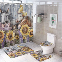 4-Pc Shower Curtain Set with Non-Slip Rug, Toilet Lid Cover & Bath Mat – Farm Animals (Horse, Cow, Pig) – Compatible with Standard Showers