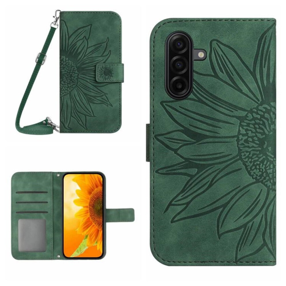 Pu Leather Flip Wallet Case For Samsung Galaxy A37 5G 6.7" Â Sunflower Embossed, Magnetic Closure, Card Slots, Adjustable Shoulder Strap Green 9175034883897
