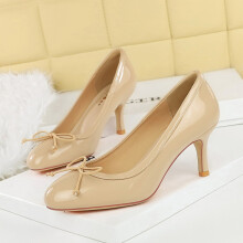 Sapatos de salto fino com bico redondo e laço para mulheres
