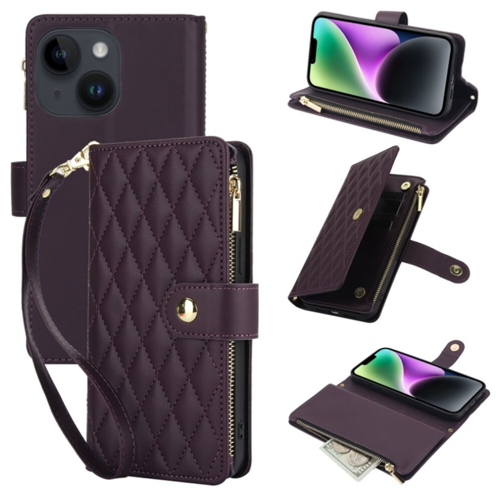Rfid-Blocking Flip Wallet Case For Iphone 14 Plus (6.7") Â Dark With Card Slots, Kickstand, Wrist Strap, Lanyard & Zipper Purple 9479868259676