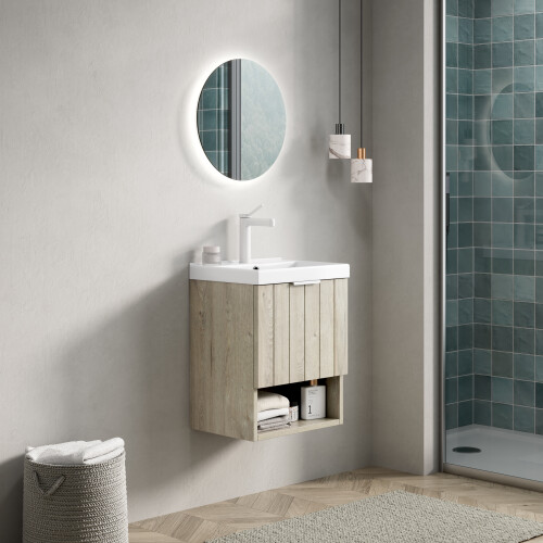 42cm Wall Mounted Vanity White Ceramic Sink Double Doors Open Shelf 1