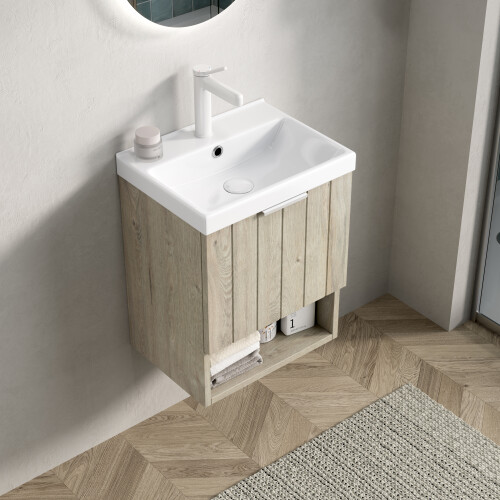 42cm Wall Mounted Vanity White Ceramic Sink Double Doors Open Shelf 2