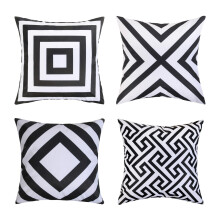 Dekorativt pudebetræk i bomulds- og hørfornemmelse, sort-hvidt geometrisk stribet mønster til terrasse/have, 45x45 cm (sæt med 4)