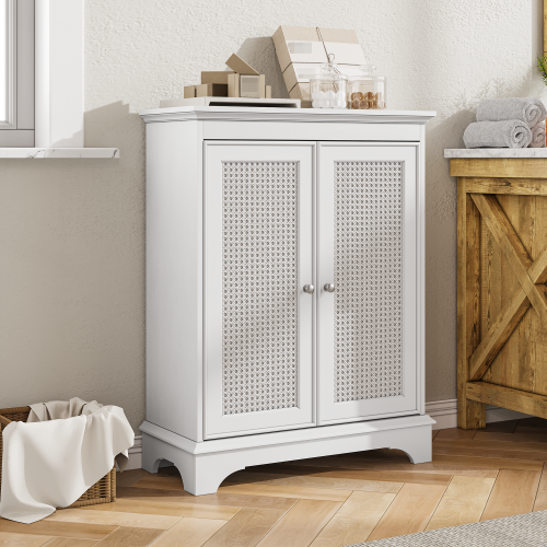 White Floor Standing Bathroom Cabinet Basket Door Adjustable Shelf 2