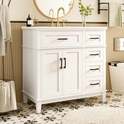 904687cm White Bathroom Cabinet Ceramic Sink Soft-Close Drawers Storage 1