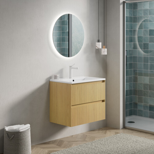 61cm Wood Grain Wall Mounted Vanity Ceramic Sink 2 Drawers Cabinet 1