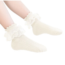 Lot de 3 paires de chaussettes en coton à volants et bordure en dentelle pour filles, couleur bonbon, beige, 4-6 ans