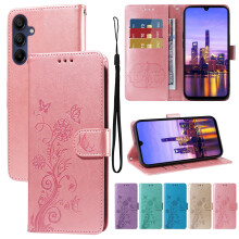 Compatibile con Samsung Galaxy A16 5G, custodia a libro in pelle PU rosa con scomparti per carte, cinturino da polso e supporto.