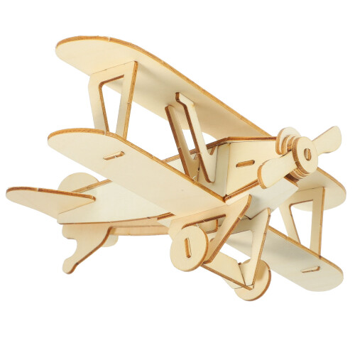 Modellino di aereo in legno marrone chiaro, puzzle da assemblare e dipingere.