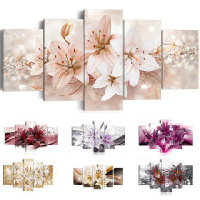 Arte de parede moderna e abstrata com orquídeas em tela, pintura com tema floral para decoração de sala de estar e quarto.
