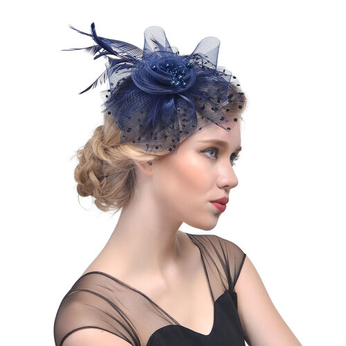 Γυναικείο καπέλο Fascinator σε μπλε σκούρο χρώμα – Λουλούδι, πλέγμα, κορδέλες και