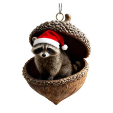 Waldtier-Eichel-Ornament mit rotem Hut, Weihnachtsbaumschmuck, personalisierter Tannenzapfen, hängendes Waldtier-Ornament-Geschenk – Waschbär