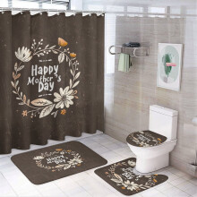 Juego de 4 piezas con cortina de ducha, alfombra antideslizante, funda para tapa de inodoro y alfombrilla de baño – Impermeable, diseño floral