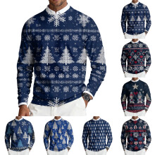 Weihnachtspullover für Herren, langärmelig, aus Baumwollstrick, mit Weihnachtsbaum-Print, gerippt, warm, blau, Größe 3XL (Large), passend für
