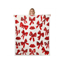 Antique Red Bow & Heart Flannel Blanket – Soft Warm Knitted Throw for Sofa, Office, Camping, Travel – All-Season Gift, Compatible with Home Decor