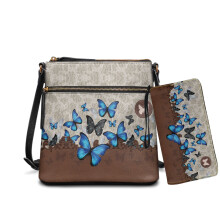Sæt med crossbody-taske og pung i læder med sommerfugleprint