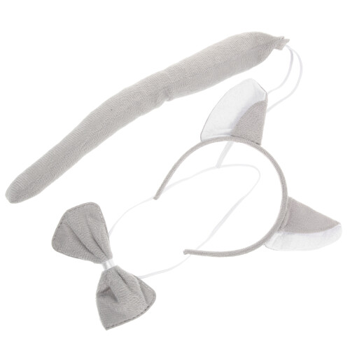 2Sets Animal Theme Wolf Ears Headband Tail and Plush Bow Tie Set Grey 2