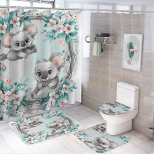 Juego de 4 piezas con cortina de ducha, alfombra antideslizante, funda para tapa de inodoro y alfombrilla de baño – Lindos koalas de dibujos