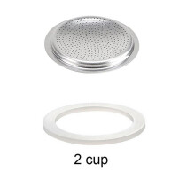 Guarnizione e filtro di ricambio per caffettiera espresso da piano cottura 2 tazze, colore argento.