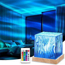 Projetor de luz noturna Aurora Borealis, lâmpada de humor RGB 360, 16 cores, controle remoto, recarregável, cubo de cristal e base de madeira –