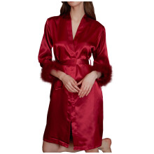 asdoklhq Accappatoio da donna casual con piume, vestaglia kimono con maniche in raso, rosso M