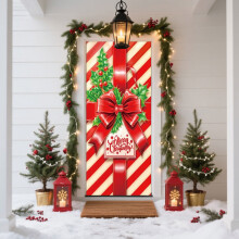 Kerstdeurdecoratie - Vrolijke Doos met Strikje als Fotografie Achtergrond, Hangende Hoezen met Pepermunt Snoepjes voor Binnen- en Buitenfeestdecoratie