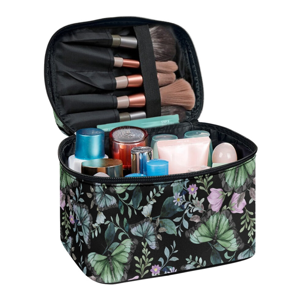 Makeup Travel Case with Brush Slots Butterfly Green Leaf