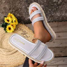 Sandali piatti da donna Willtoo con punta aperta, cinturino intrecciato e perline, scarpe basse a punta tonda con design a blocchi di colore e