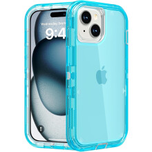 Custodia protettiva antiurto resistente per telefono, anticaduta, a triplo strato trasparente, compatibile con iPhone 15, blu cristallo.
