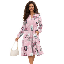 Dames midi-jurk met V-hals, lange mouwen, elastische, zwierige casual jurk – passend bij het roze sneeuwpoppenthema