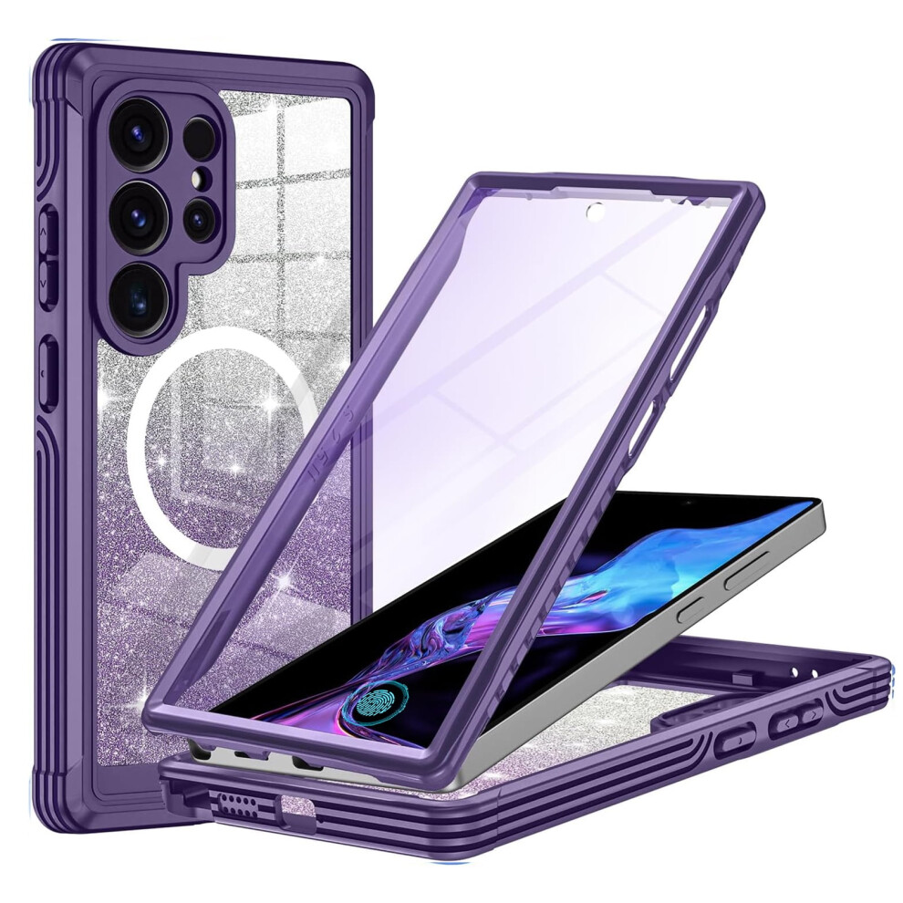Glitter Galaxy S25 Ultra Case, Compatible With Magsafe, Shockproof With Built-In Tempered Glass & Lens Protection – Purple 9340959331857
