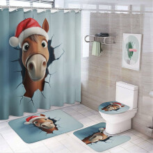 3D Cute Horse Santa Hat Shower Curtain Set (4 pcs) + Bath Mat, U-Shaped Floor Mat, Toilet Lid Cover, Oval Rug – Waterproof Winter Holiday Decor,