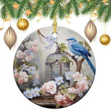 Blue Cottage Birdcage & Blossoms 3" Double-Sided Ceramic Christmas Ornament – Spring Bird Flower Decor, Compatible with Christmas Tree