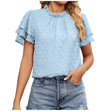 Blusa de gasa de manga corta con volantes y estampado de lunares suizos para mujer, estilo casual, con cuello redondo y pompón.